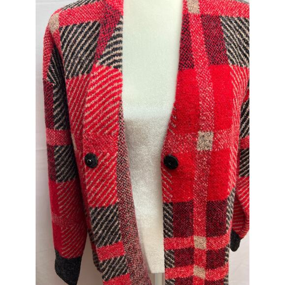 CabinCore Cyrus Red Plaid Wool Blend Cozy Cottage Cardigan Sweater Medium - Picture 4 of 13